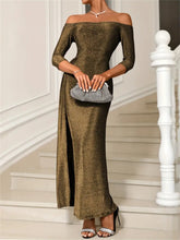 Slit Off-Shoulder Long Sleeve Midi Dress Gold OutfitFlow